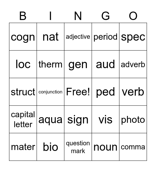 Greek/Latin Root Bingo Card