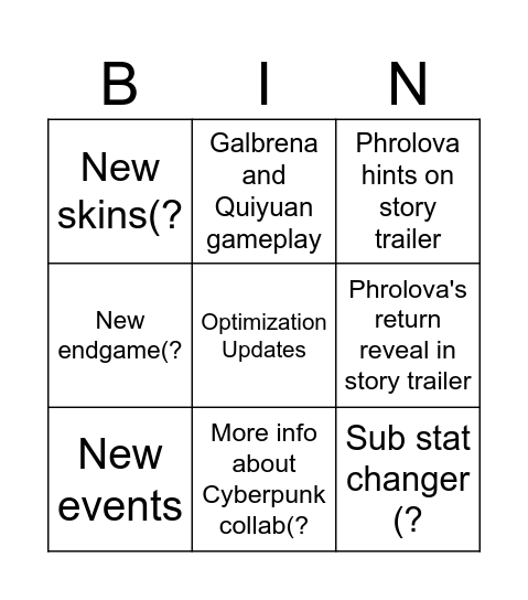 2.7 livestream Bingo Card