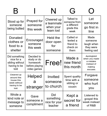 Acts of Kindness Bingo Card