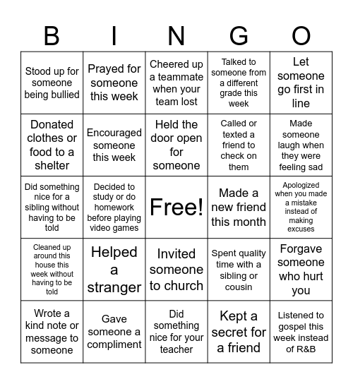 Acts of Kindness Bingo Card