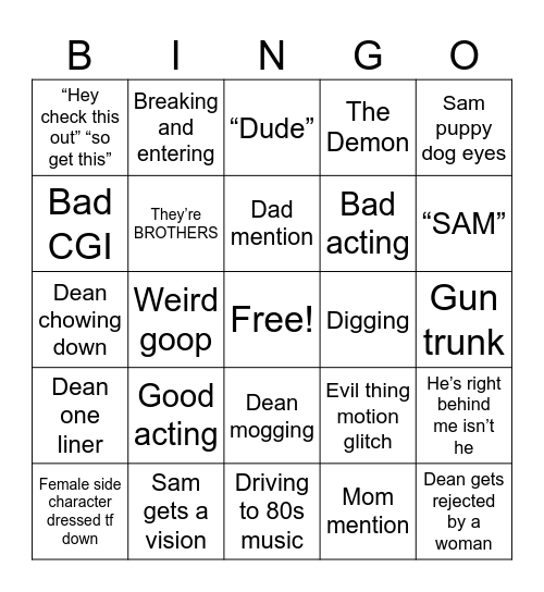 Supernatural Episode Bingo Card