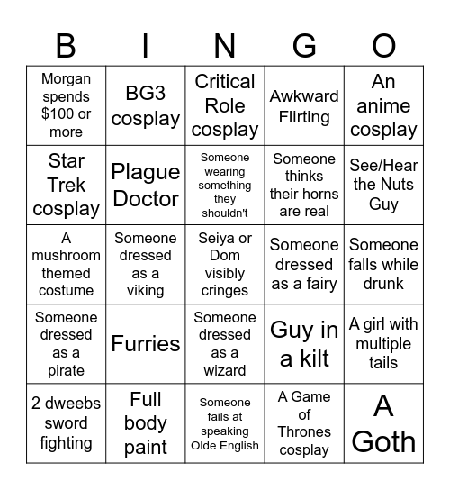 Renn Faire Bingo Card