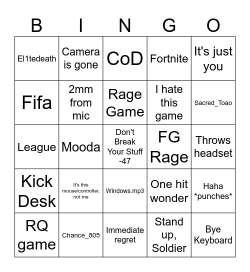 Gamer Rage Bingo PC Bingo Card