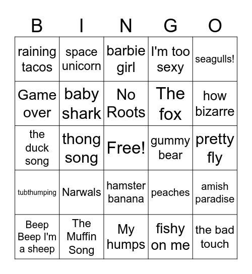 Weirdest Songs of all time Bingo Card