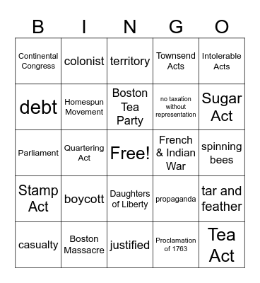 Colonial Reactions to British Policies Bingo Card