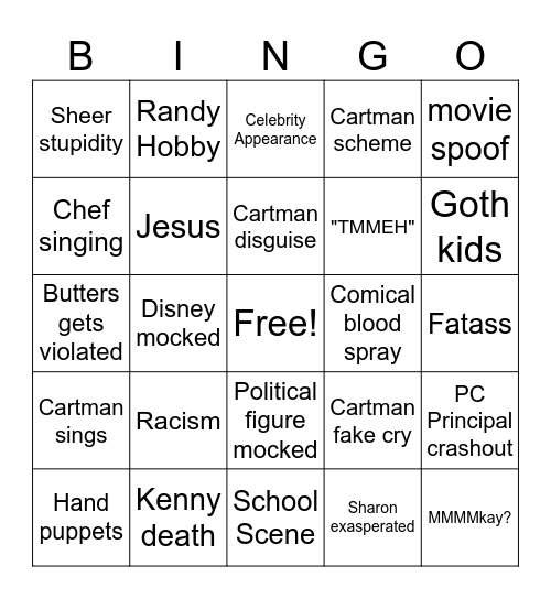 South Park Bingo Card