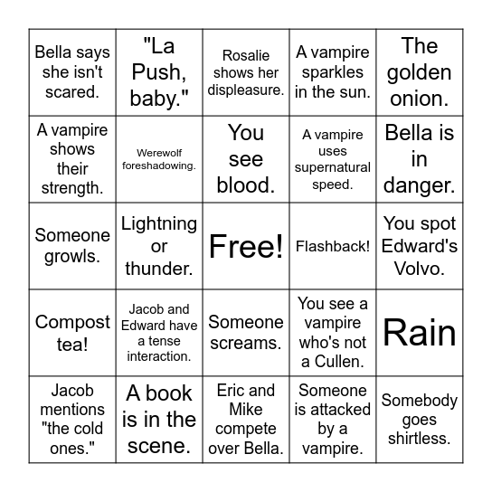 Twilight Movie Bingo Card