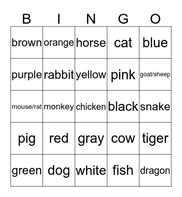 Zodiac Animals & Colors Bingo Card