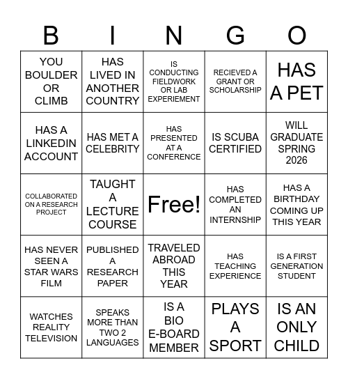 BIO GSA Bingo Card