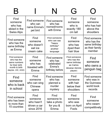 Emma's Bday Bingo Card