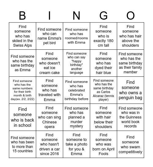Emma's Bday Bingo Card