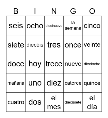 Los Números 0-20 Bingo Card