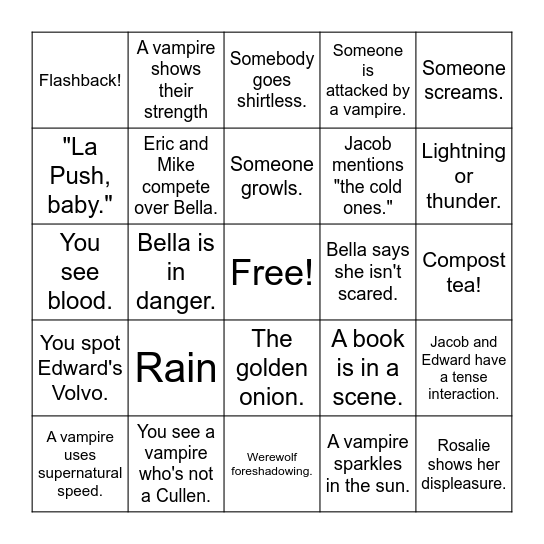 Twilight Movie Bingo Card