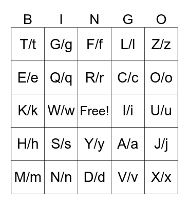 uppercase and lowercase letters Bingo Card