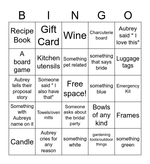 Aubrey's Shower Gift Bingo! Bingo Card