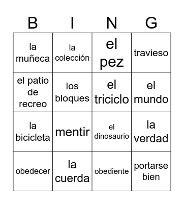 Autentico 4A vocabulario Bingo Card
