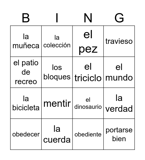 Autentico 4A vocabulario Bingo Card