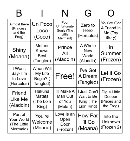 Disney Bingo Card