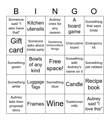Aubrey's shower Bingo Card