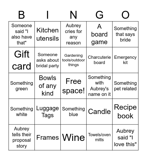 Aubrey's shower Bingo Card