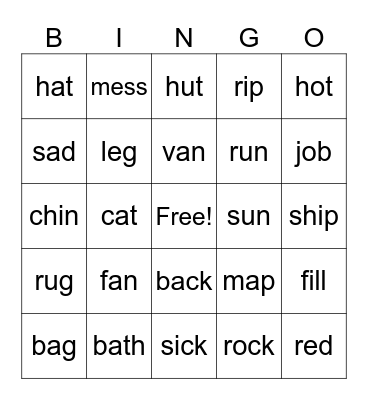 Short Vowels Bingo Card