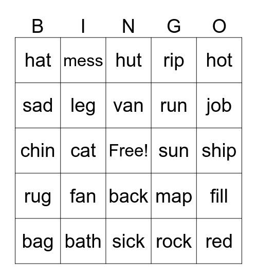 Short Vowels Bingo Card