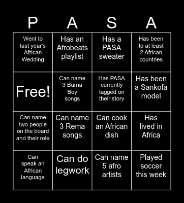PASA Bingoooo Bingo Card