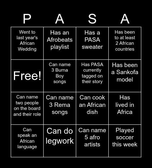 PASA Bingoooo Bingo Card