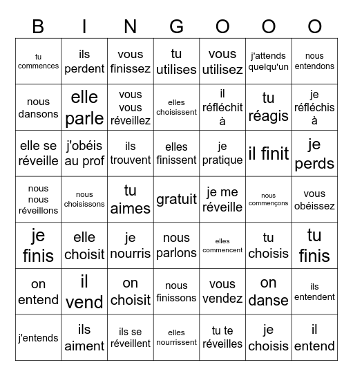 Les verbes réguliers Bingo Card