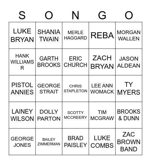 COUNTRY ARTISTS /BANDS Bingo Card