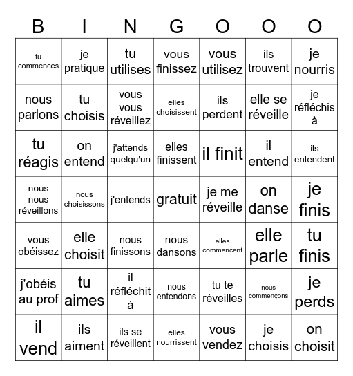Les verbes réguliers Bingo Card