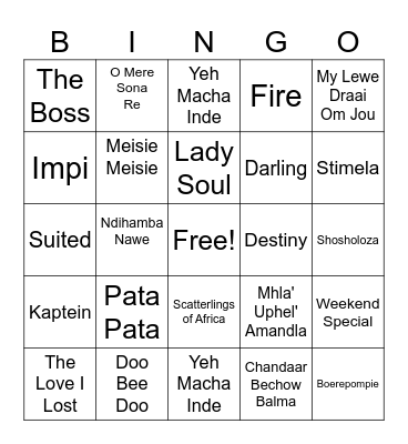 South African Musical Bingo Card