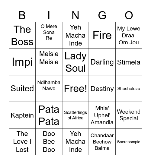 South African Musical Bingo Card