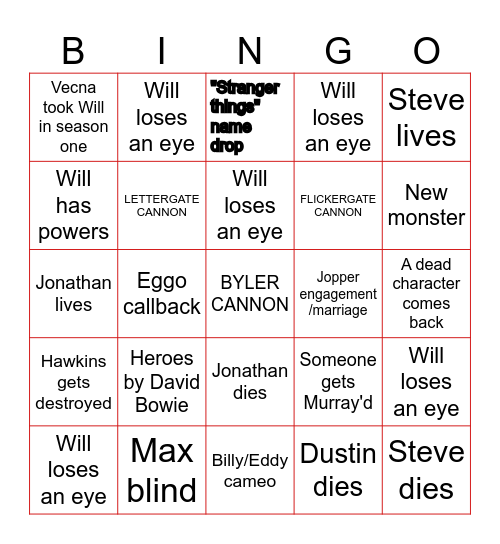 Stranger Things 5 Bingo Card
