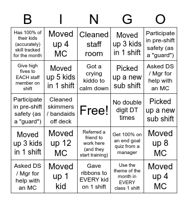 Swim Teacher Bingo Card