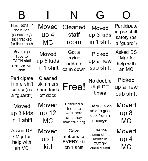 Swim Teacher Bingo Card