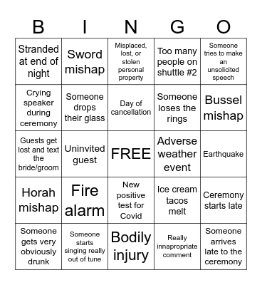 Wedding Chaos Bingo Card
