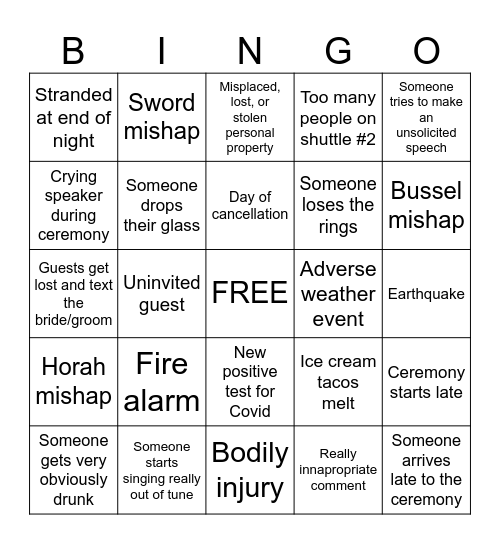 Wedding Chaos Bingo Card