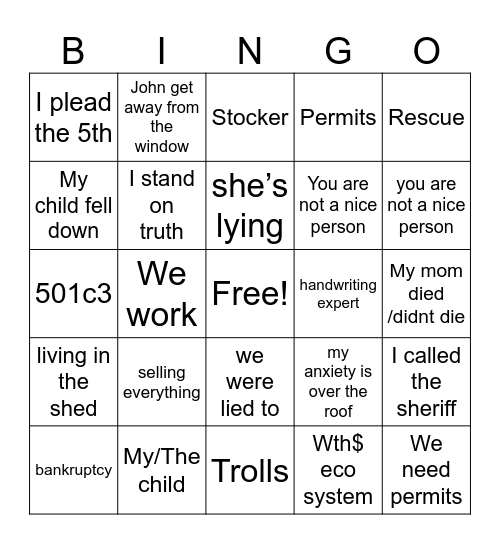 My Bingo fell down Bingo Card