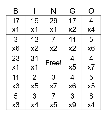 Multiplication Bingo Card