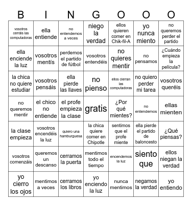 Verbos irregulares (e>ie) Bingo Card