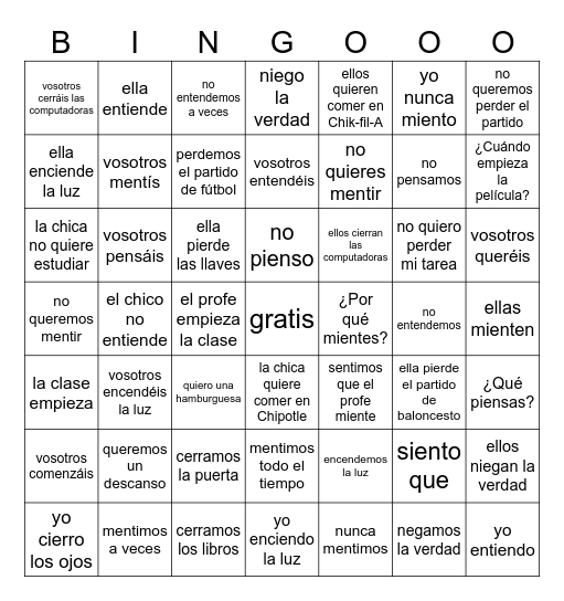 Verbos irregulares (e>ie) Bingo Card