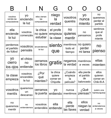 Verbos irregulares (e>ie) Bingo Card