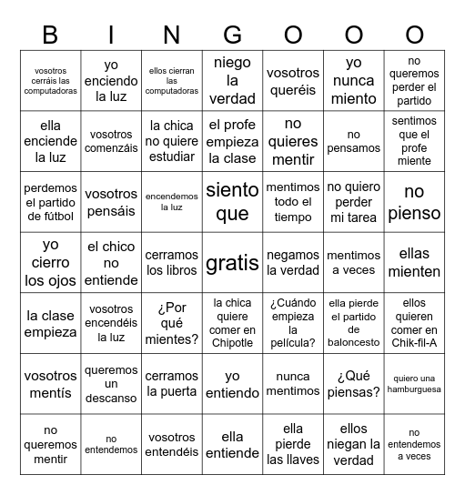 Verbos irregulares (e>ie) Bingo Card