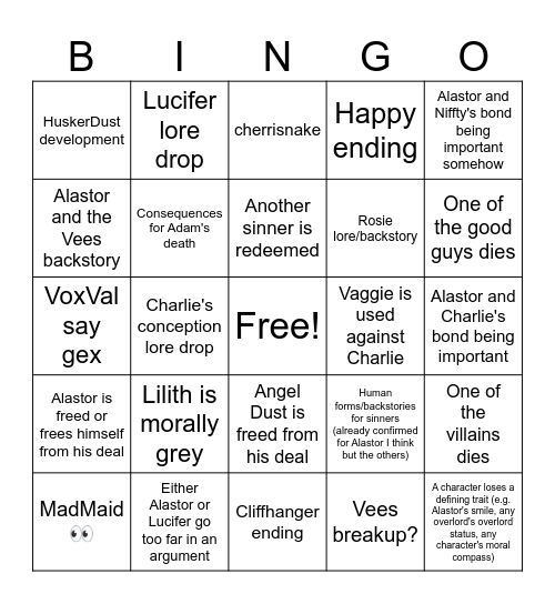 Hazbin Hotel Season 2 Bingo Card
