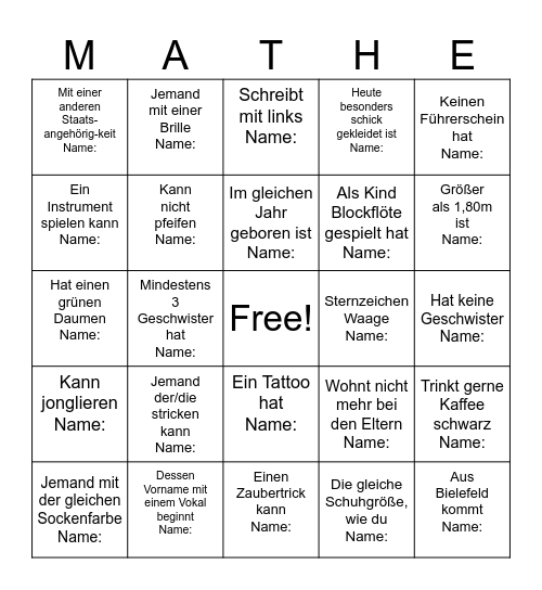 Mathe Erstis Bingo Card