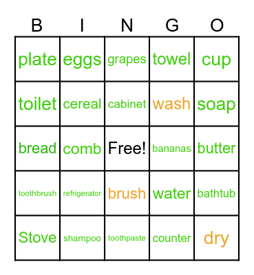 Breakfast & Bathroom Vocabulary Bingo Card