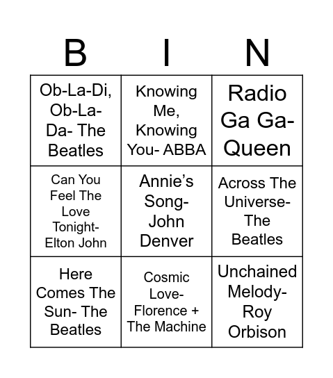 Nans Music Bingo Card