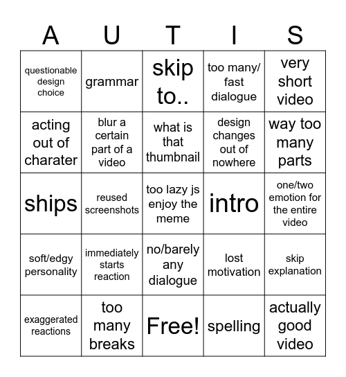 gacha reaction video Bingo Card