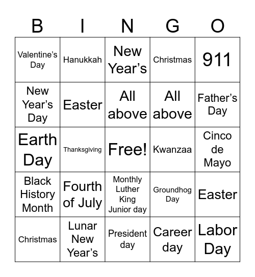 Holiday bingo Card